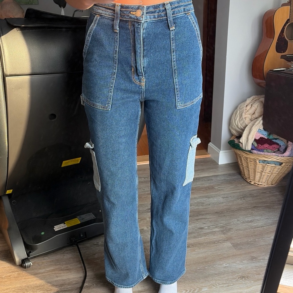 Dark Blue Wide-Leg Denim Cargo Pants